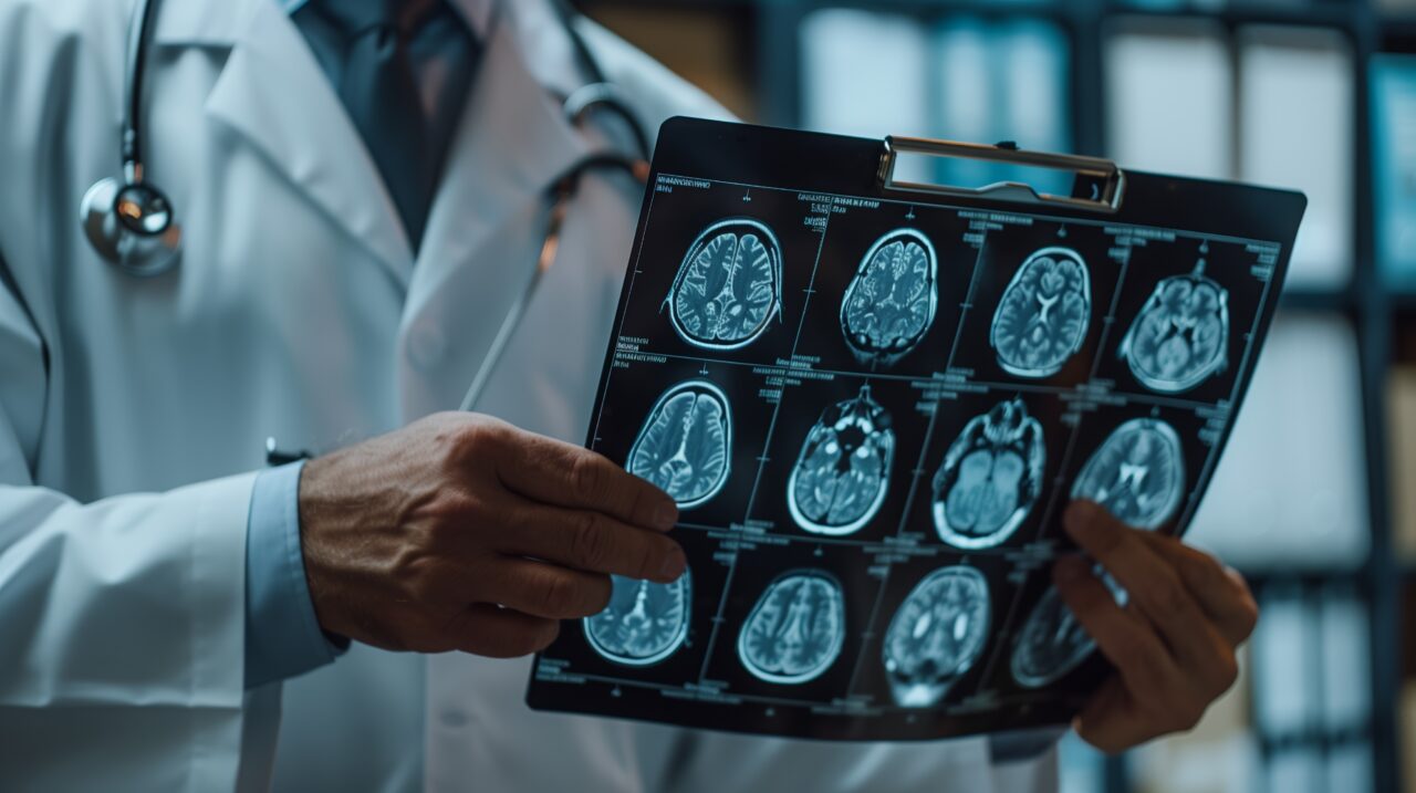 Doctor seeing Magnetic Resonance Imaging MRI film to diagnose traumatic brain injury