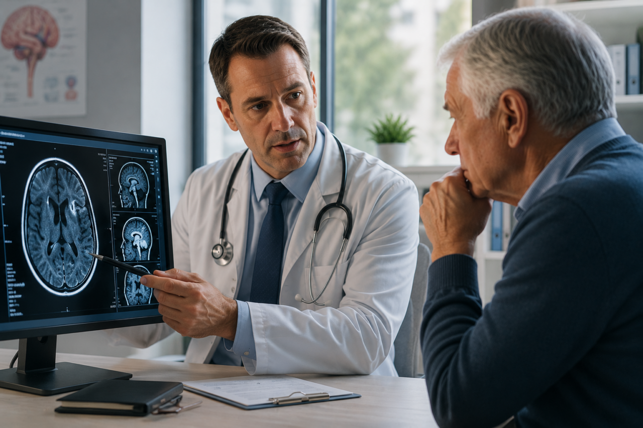 Doctor explains brain MRI scans to an older man in a clinic, pointing at the monitor with a pen. Image suggest possible brain injury and misdiagnosis.